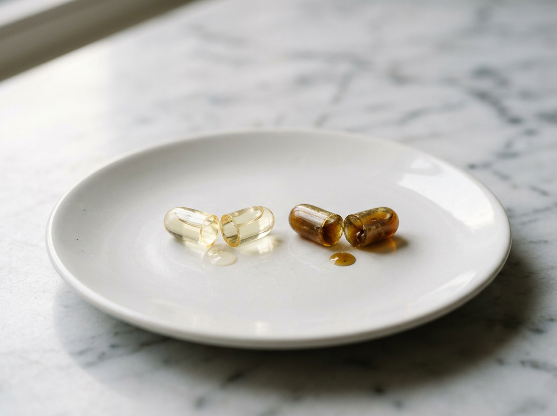Two cut fish-oil softgels — clear fresh oil vs darkened rancid oil on a white plate