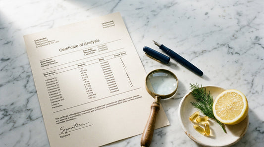 Anonymized Certificate of Analysis with magnifying glass and softgels on marble — third-party fish oil testing