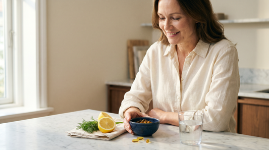 Woman in her fifties at a marble counter with amber omega-3 softgels and lemon, illustrating omega-3 for menopause and heart health