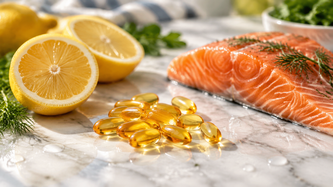 Amber omega-3 softgels beside sliced lemons and wild salmon on marble, illustrating the maximum safe dose of omega-3