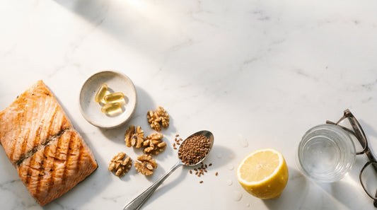 Salmon, walnuts, flaxseed, lemon and softgels on marble for an omega-3 for older adults morning routine