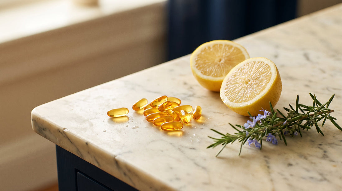 Amber burpless fish oil omega-3 softgels with fresh lemons on marble illustrating fresh clean fish oil quality
