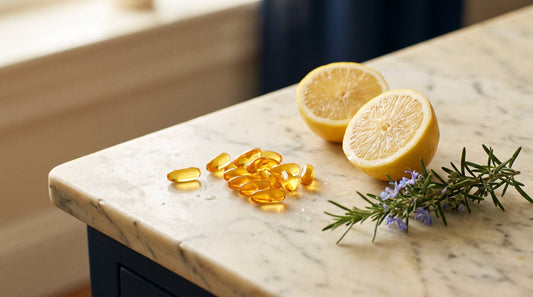 Amber burpless fish oil omega-3 softgels with fresh lemons on marble illustrating fresh clean fish oil quality