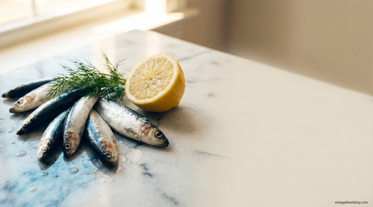 Fresh wild anchovies and sardines on Carrara marble, the small low-mercury fish used for fish oil omega-3
