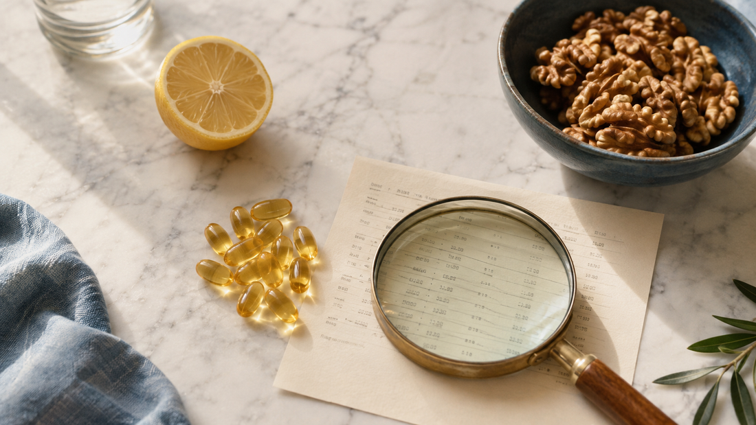 Amber fish-oil softgels beside a lot-number style lab slip on marble, illustrating a certificate of analysis lookup for fish oil quality