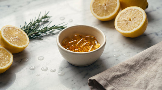 Amber fish oil softgels with fresh lemons on Carrara marble, illustrating how long fish oil takes to work