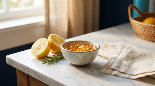 Amber fish oil softgels for anxiety and depression in a ceramic bowl with lemons on marble