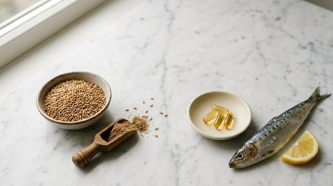 Flaxseeds beside fish oil softgels and a sardine on marble — fish oil vs flaxseed omega-3