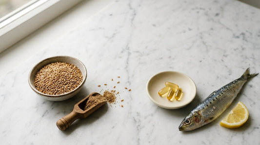 Flaxseeds beside fish oil softgels and a sardine on marble — fish oil vs flaxseed omega-3