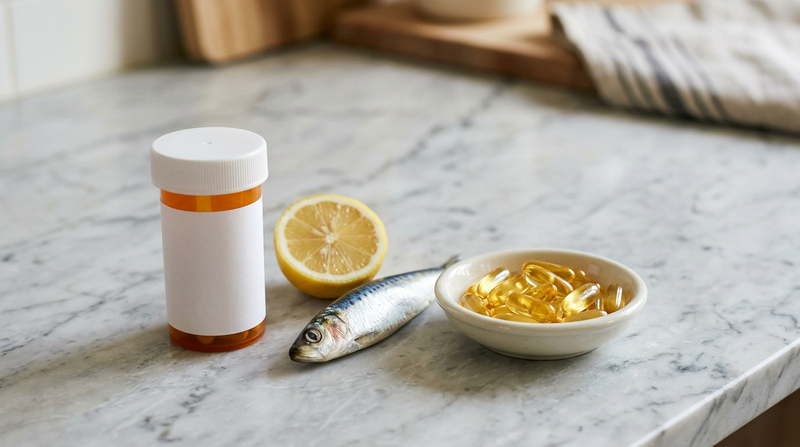 Generic prescription vial beside fish oil softgels on marble — prescription vs over-the-counter fish oil