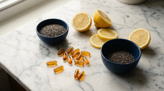 Amber omega-3 softgels with fresh lemons on marble illustrating prescription vs OTC Vascepa and Lovaza fish oil comparison