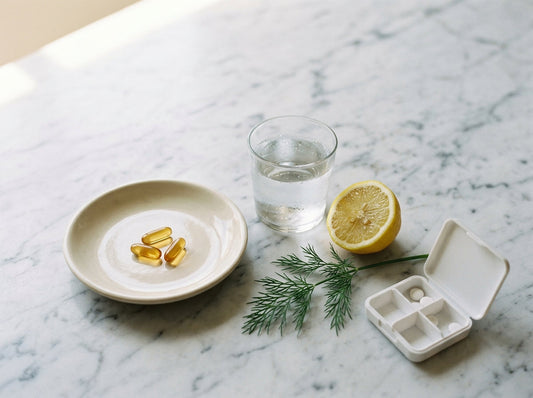 Generic golden softgels and a glass of water on marble — fish oil side effects
