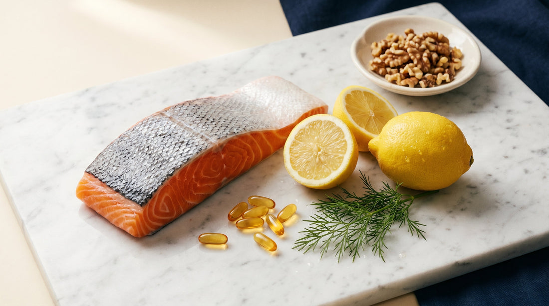 Wild salmon fillet, lemon halves, and golden fish-oil softgels on marble — omega-3 fish oil benefits