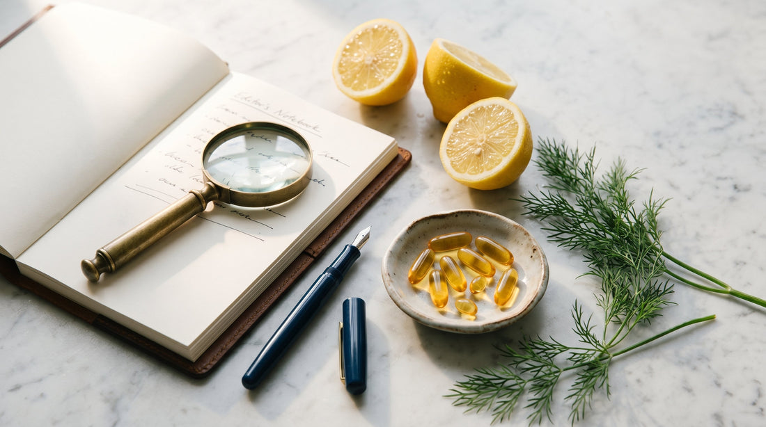 Editor's notebook, magnifying glass, and softgels on marble — best fish oil testing and ranking