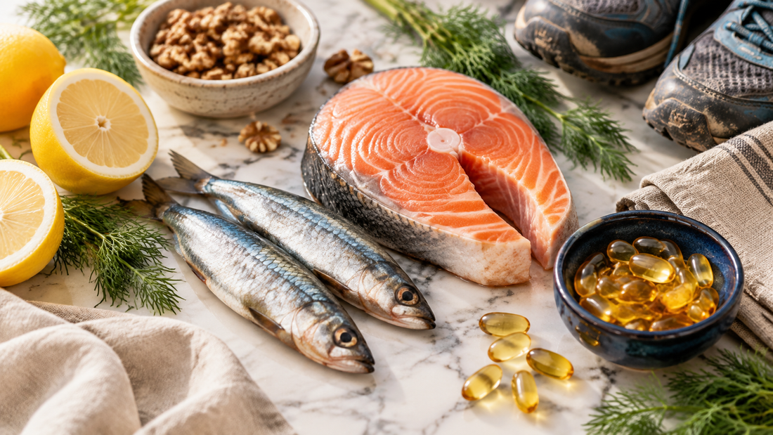 Wild salmon, sardines, lemons, walnuts, and amber softgels on marble beside running shoes, illustrating omega 3 for athletes and a food-first approach
