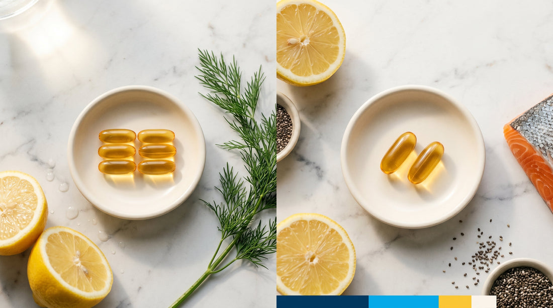 Four standard fish-oil softgels vs two larger softgels on marble — dose comparison