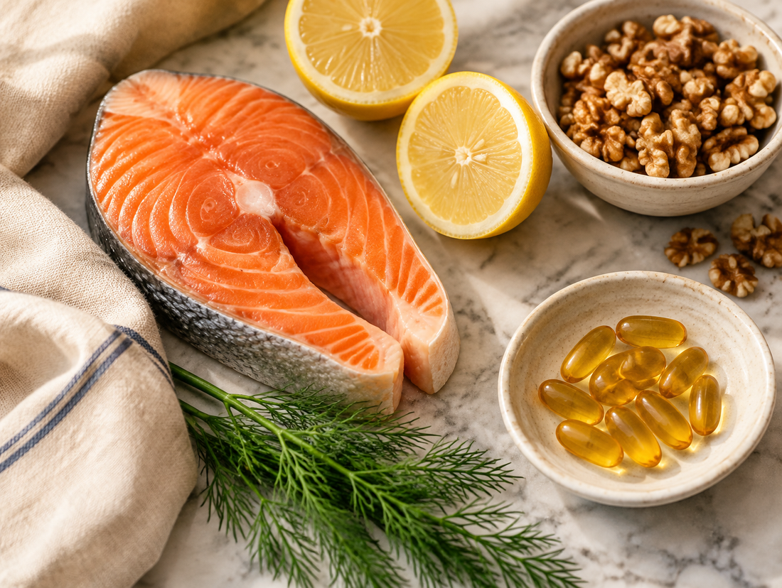 Wild salmon, lemons, walnuts, and amber softgels on Carrara marble in soft window light, showing food and supplement sources of omega-3 for eye health