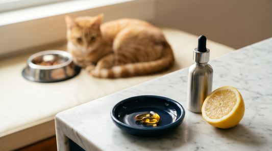 Amber fish oil softgels and a dropper on marble beside a cat, illustrating how to dose fish oil for cats safely
