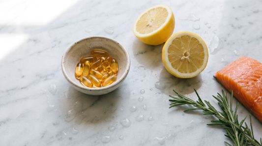 Amber fish oil softgels, fresh lemons and wild salmon on marble, representing fish oil and blood pressure support