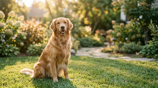 Healthy golden retriever with a glossy coat in a sunlit backyard — omega-3 for dogs