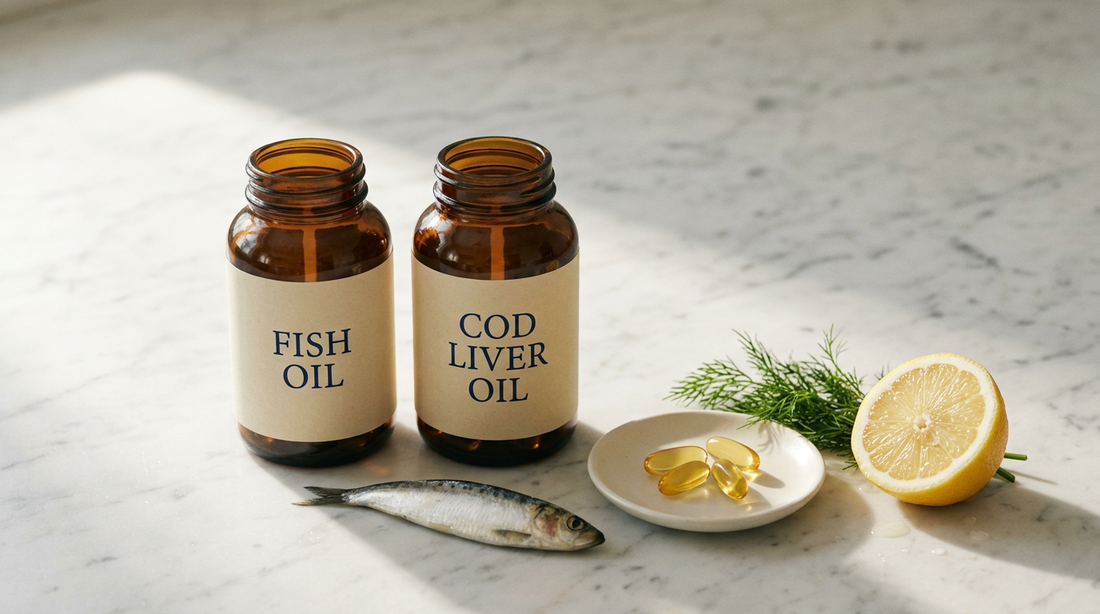 Generic fish oil and cod liver oil bottles side by side on marble — fish oil vs cod liver oil