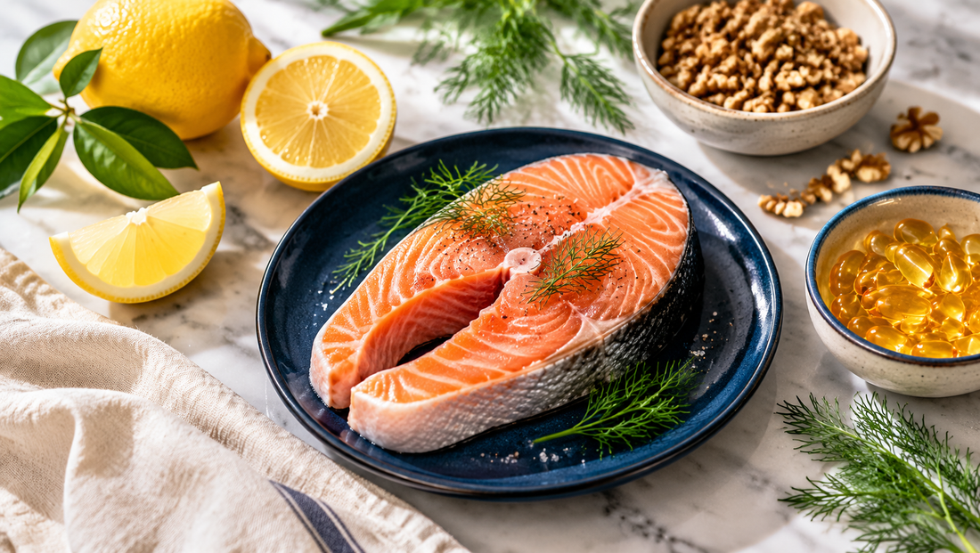 Wild salmon, lemons, walnuts and amber softgels on a marble kitchen counter, illustrating can teenagers take omega-3 supplements food first