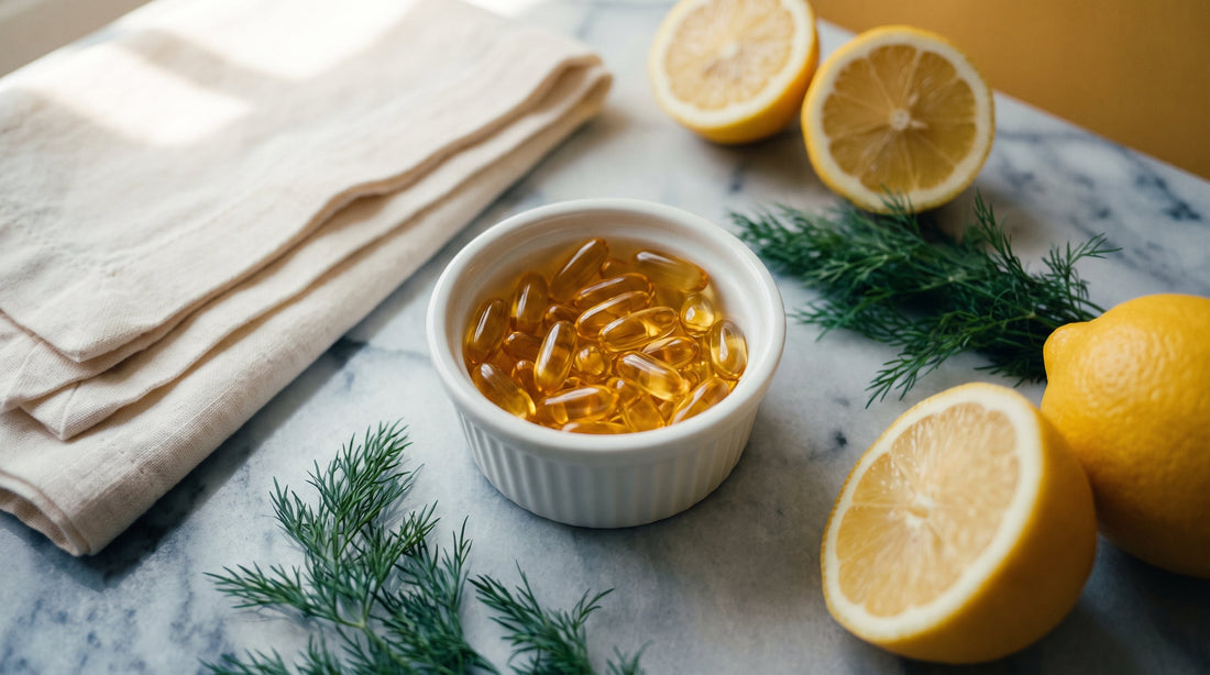 Amber fish oil softgels with fresh lemons and dill on marble, representing fish oil for skin health and hydration support