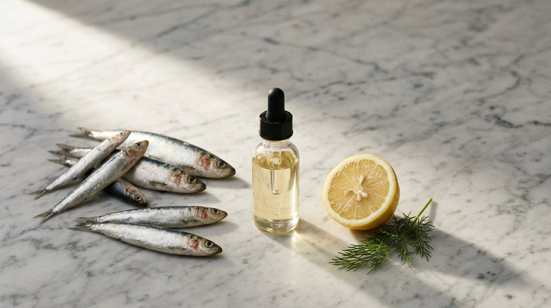 Small wild fish, a lab vial of fish oil, and lemon on marble — mercury and heavy metals in fish oil