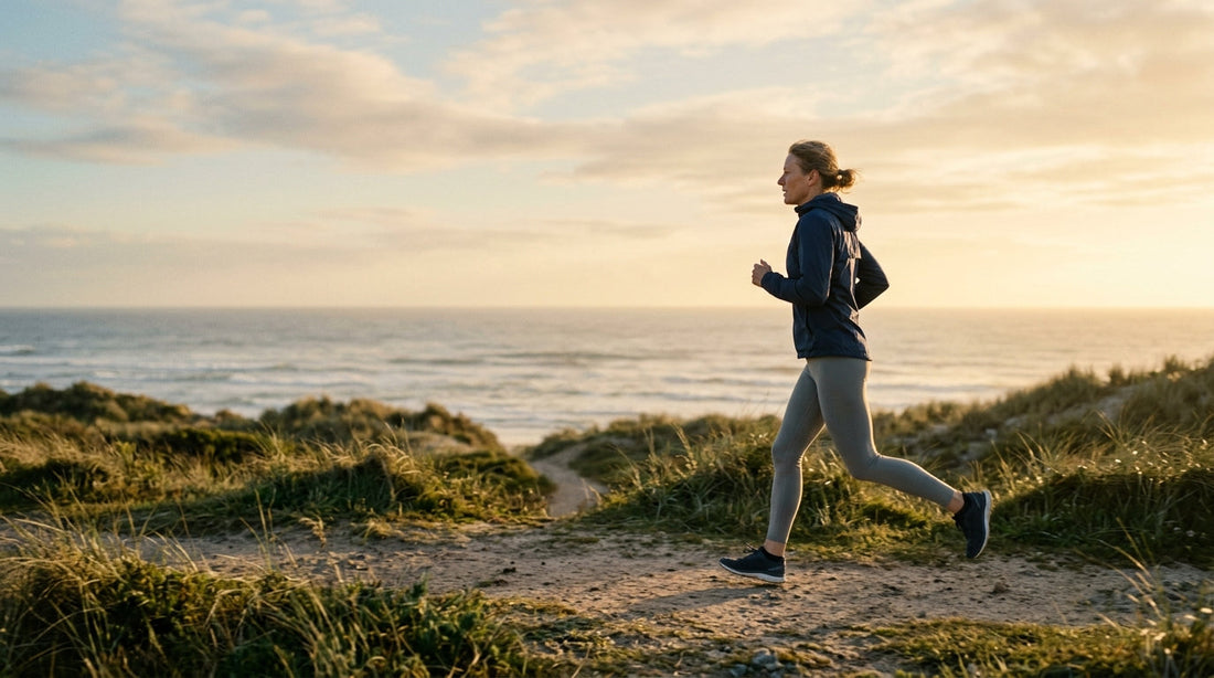Person jogging at sunrise on a coastal trail — cardiovascular health and omega-3
