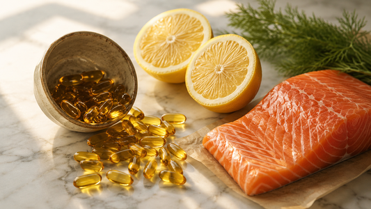 Amber omega-3 softgels and fresh lemons on Carrara marble illustrating fish oil freshness and TOTOX quality testing
