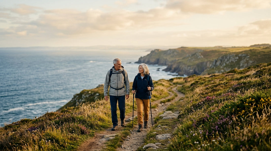 Active couple in their 60s hiking a coastal trail in warm light — omega-3 after 50