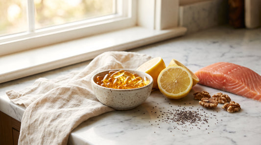 Fish oil softgels, lemon halves, and wild salmon on marble, illustrating fish oil for hair and scalp nutrition support.