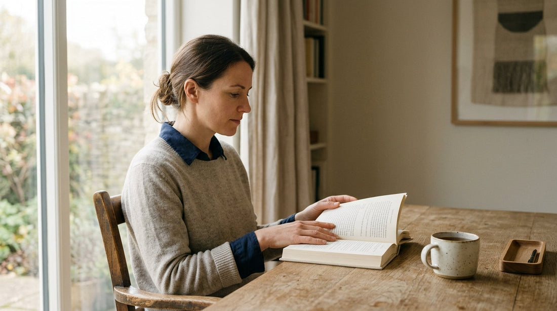 Person reading at a sunlit desk, calm and focused — omega-3 and brain health