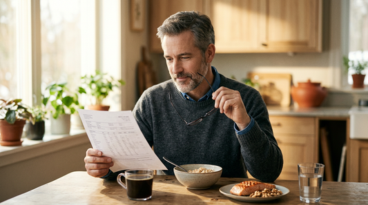Adult reviewing a cholesterol lab report at breakfast with oatmeal, salmon and walnuts