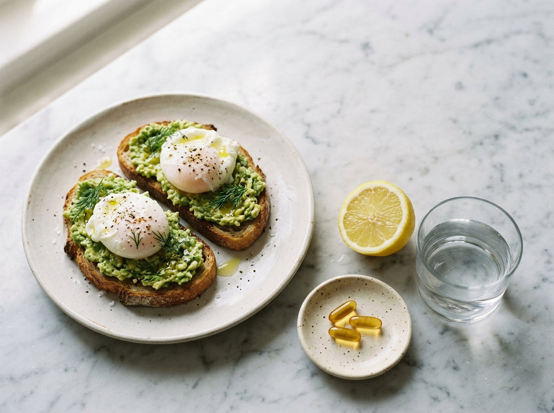 Plate of avocado toast and eggs with softgels alongside — fish oil with food
