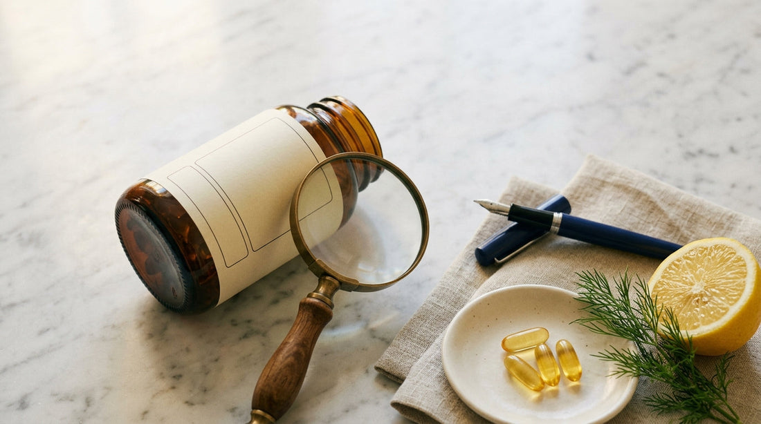 Generic supplement bottle and magnifying glass on marble — how to read a fish oil label