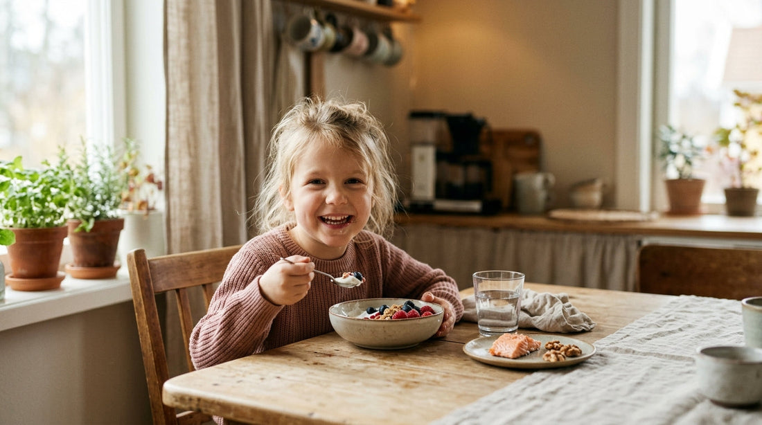 Happy child eating a healthy breakfast with yogurt, berries and salmon — omega-3 for kids