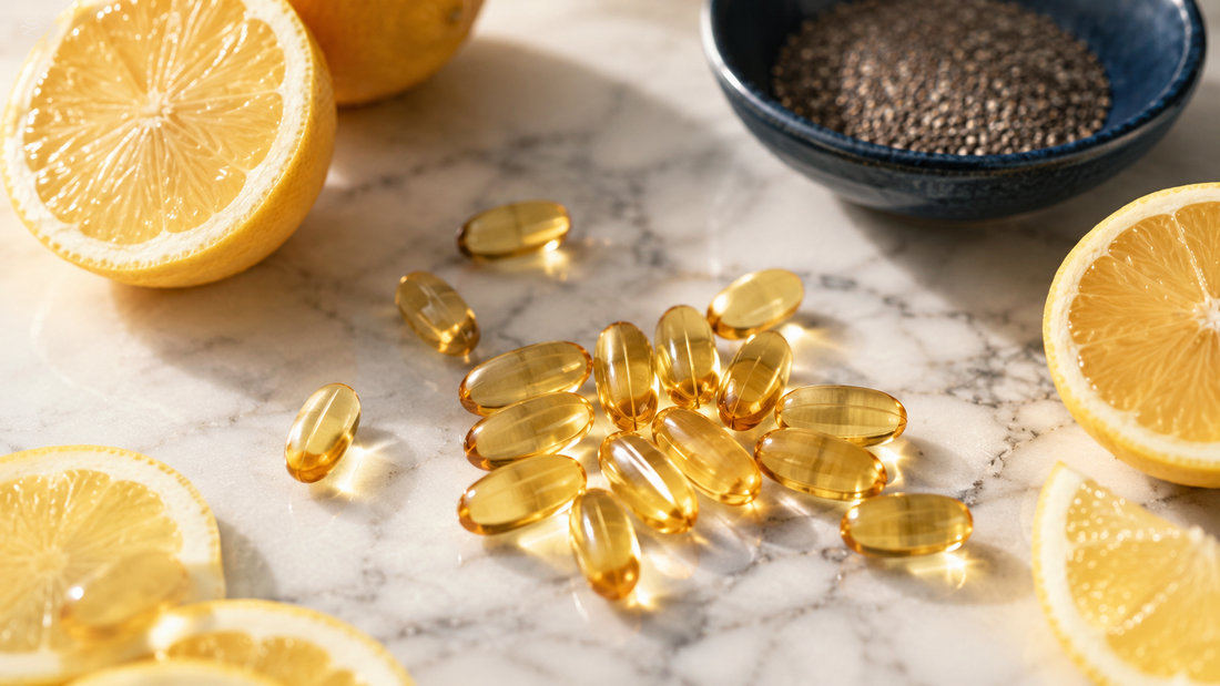 Amber fish oil softgels and fresh lemons on marble in warm window light, symbolizing an authorized Nordic Naturals dealer's fresh stock
