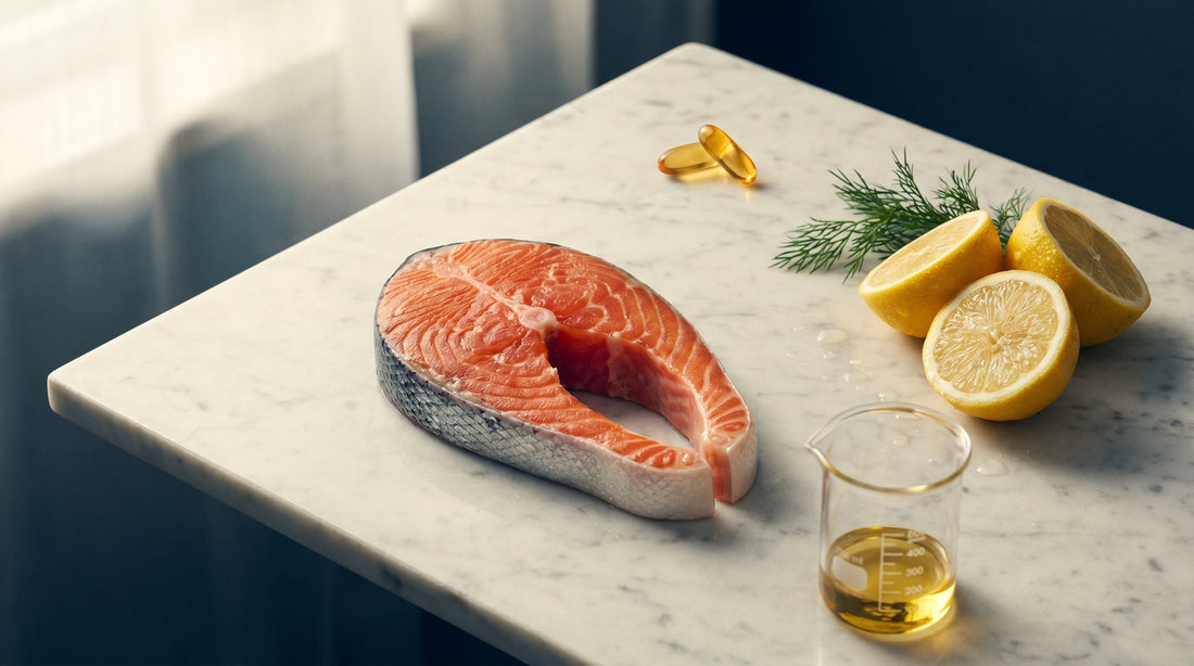 Wild salmon steak, golden fish-oil softgels, and lemons on marble — omega-3 daily dose