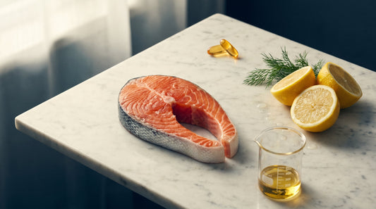 Wild salmon steak, golden fish-oil softgels, and lemons on marble — omega-3 daily dose
