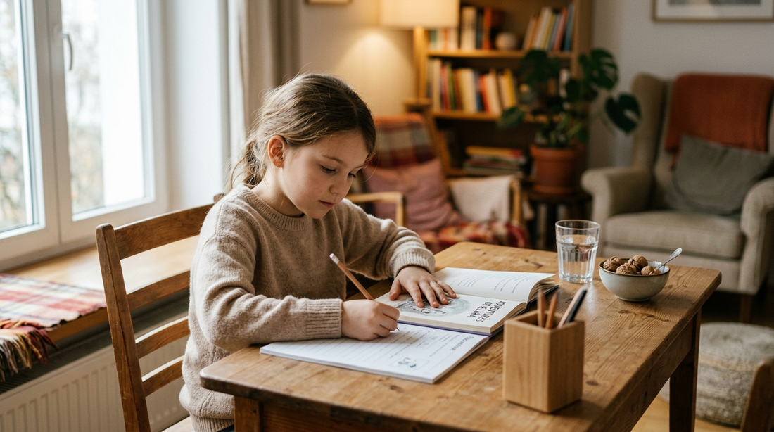 Calm focused child doing homework at a desk — fish oil and omega-3 for ADHD and attention