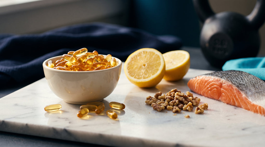 Omega-3 for men: amber fish oil softgels with lemon, walnuts, and salmon on marble in morning light