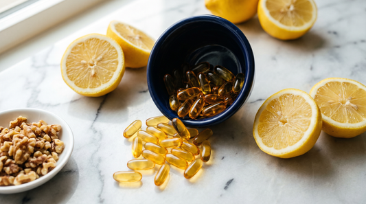 Amber omega-3 fish oil softgels spilling from a ceramic bowl beside lemons on marble, representing IFOS-tested purity
