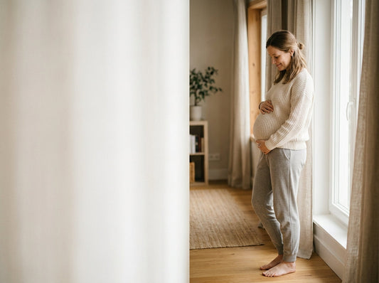 Pregnant woman in third trimester in soft natural light — omega-3 and DHA in pregnancy