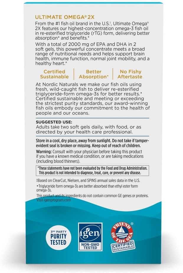 Ultimate Omega 2X box back — rTG form, certified sustainable, non-GMO